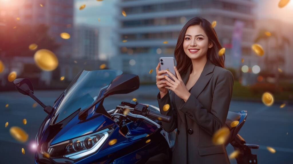  Heaven Peralejo holding an iPhone 17 pro max one hand and blue yamaha motorcycle in the background