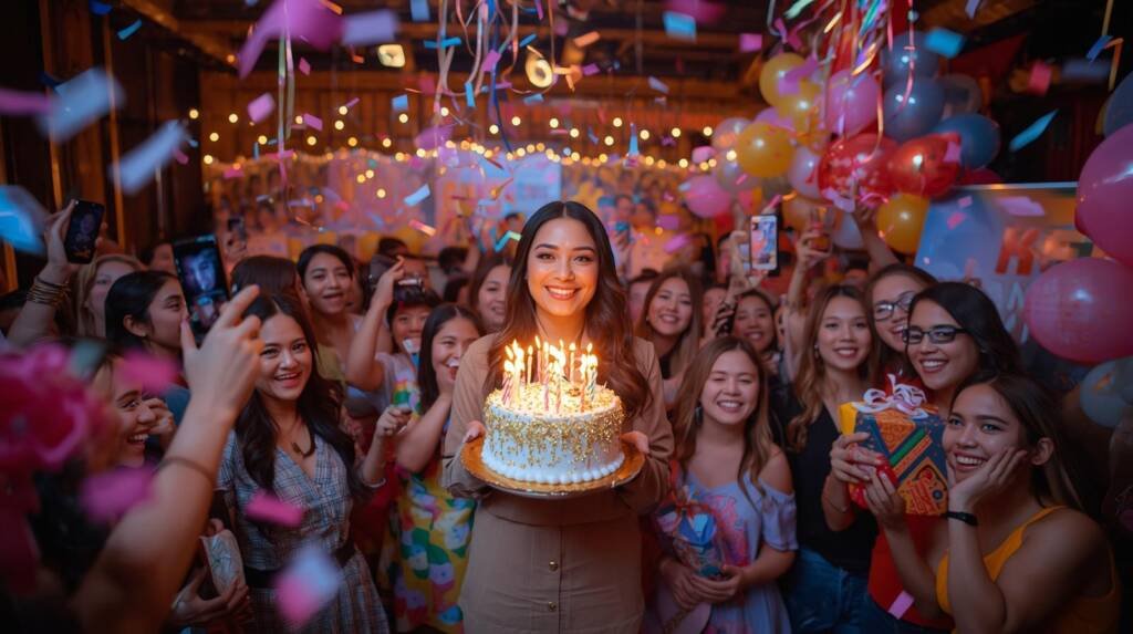  Heaven smiling with a birthday cake, surrounded by Playtime branding and digital balloon